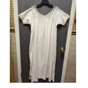 Antique Edwardian Nightgown White Cotton Dressing Gown Crocheted Bodice Large